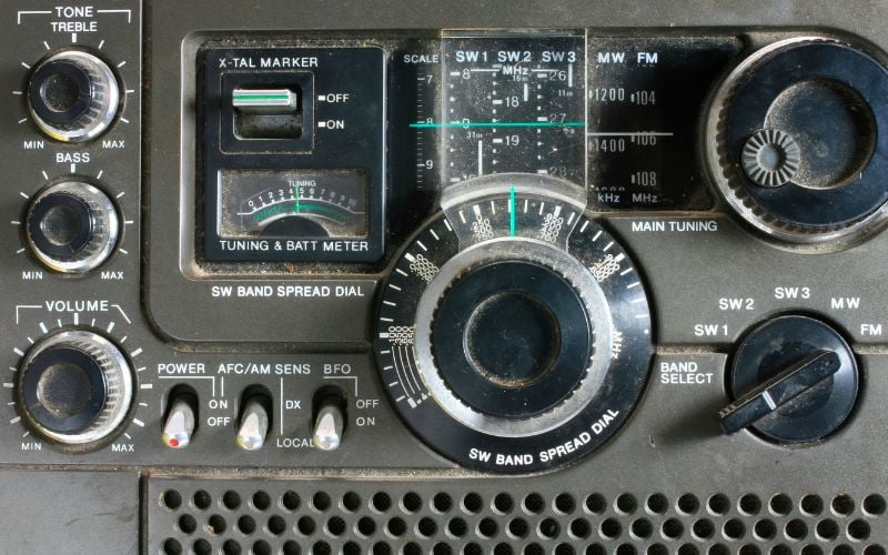 Close up of a vintage shortwave radio and dials