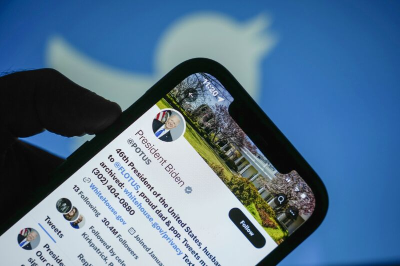 US President Joe Biden's Twitter account displayed on a smartphone screen.