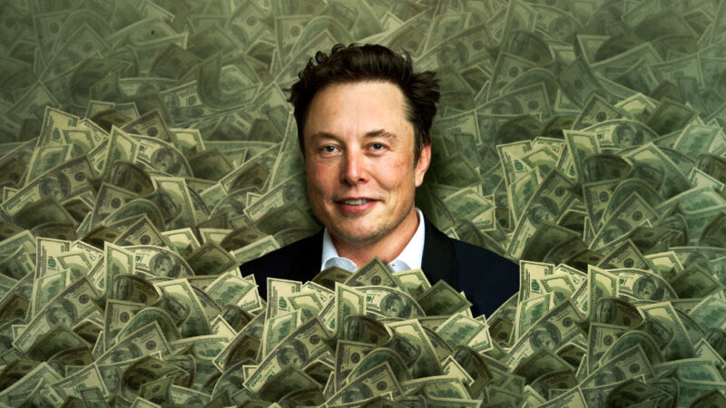 A photoshopped image of Elon Musk emerging from a huge pile of cash.