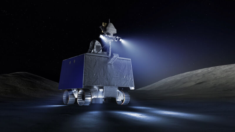 Artist's concept of the VIPER rover operating in lunar darkness.