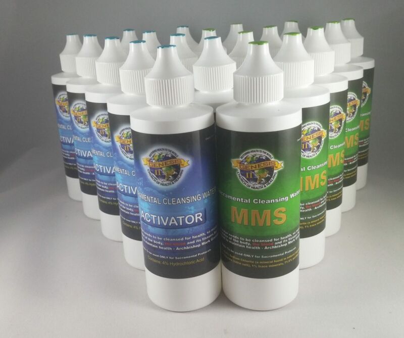 Bottles of MMS, a whitening product sold by Genesis II Church of Health and Healing.