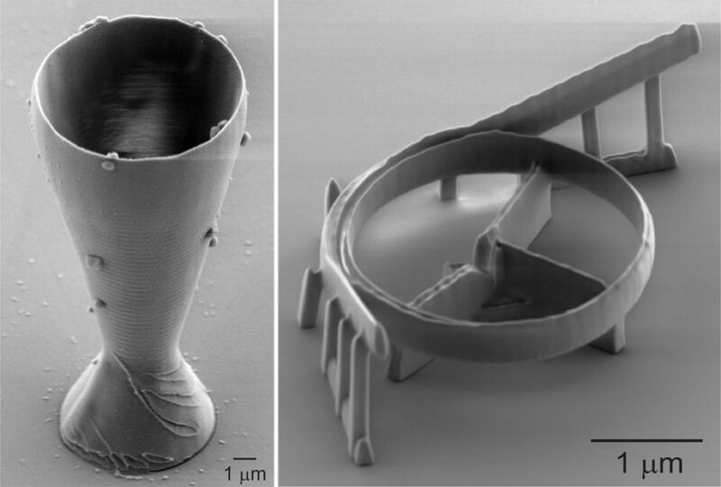 The world's smallest 3D printed wine glass (left) and an optical resonator for fiber optic telecommunications