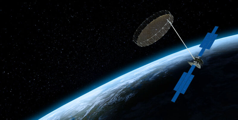 This artistic illustration from the ViaSat-3 Americas satellites shows the spacecraft as it would appear with its large reflector antenna fully deployed.